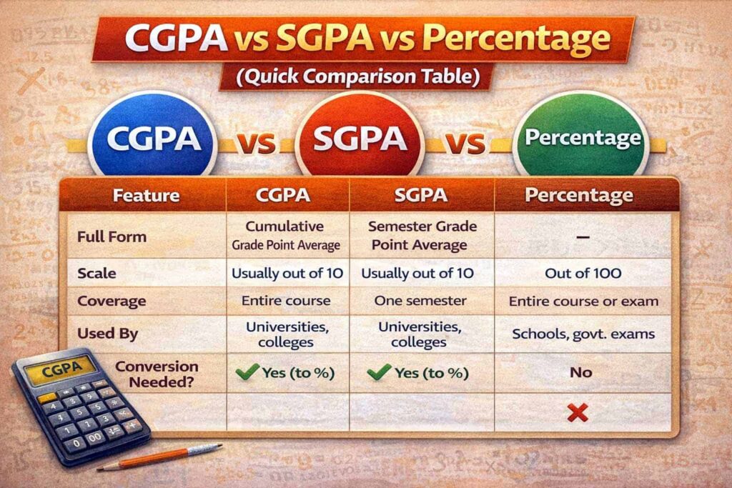 CGPA vs SGPA vs Percentage (Quick Comparison Table
