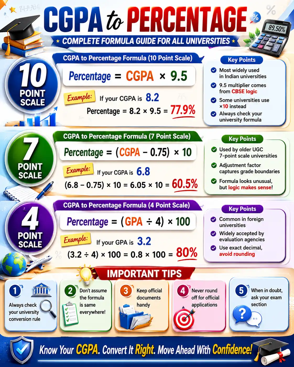 all CGPA to Percentage Formula, 10 Point Scale, 7 Point Scale and 4 Point Scale